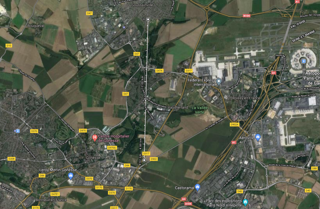 The distance between the crash site of the TU-144 in Gousaainville and the crash of Concorde in Gonesse is just 4.52km
