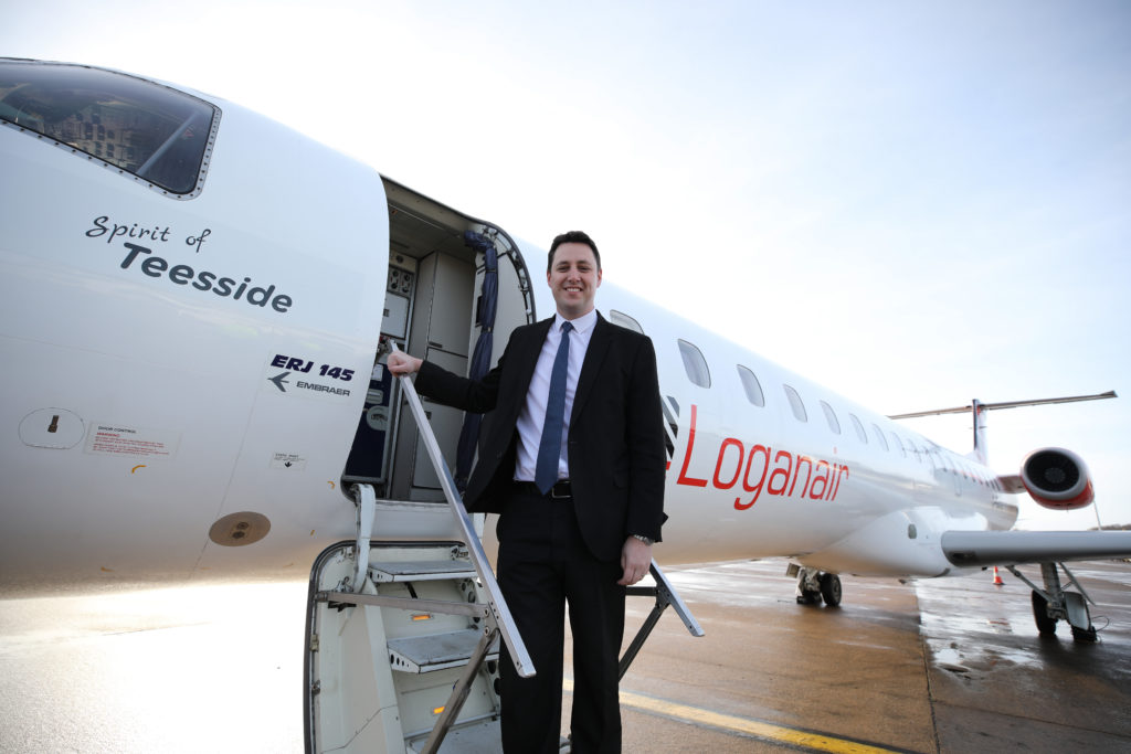 Teesside mayor Ben Houchen with Embraer 145 Spirit of Teesside