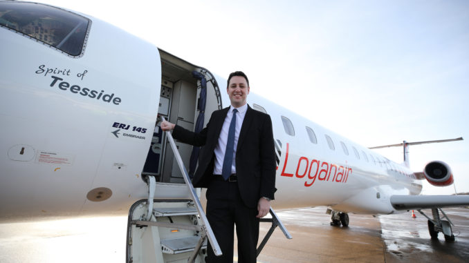 Teesside mayor Ben Houchen with Embraer 145 Spirit of Teesside