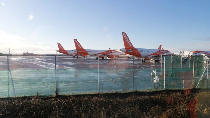 easyjet Airbus aircraft parked at Bristol Airport
