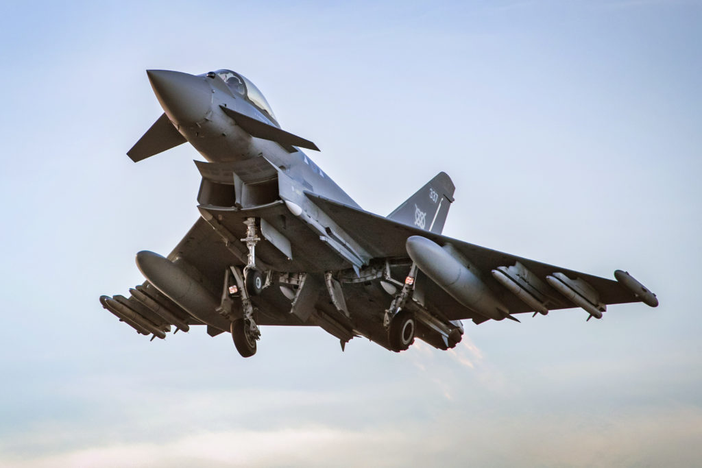 Pictured is a Royal Air Force Quick Reaction Alert (QRA) Typhoon FGR4 of 11 (AC) Squadron loaded with the latest Meteor Missile taking off from RAF Lossiemouth. (Crown Copyright)