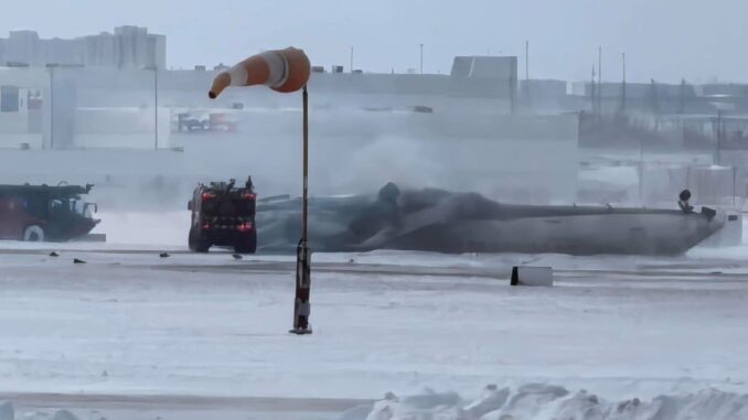 An image widely shared on social media shows the Delta Airlines jet upside down after crashing during landing at Toronto Pearson International