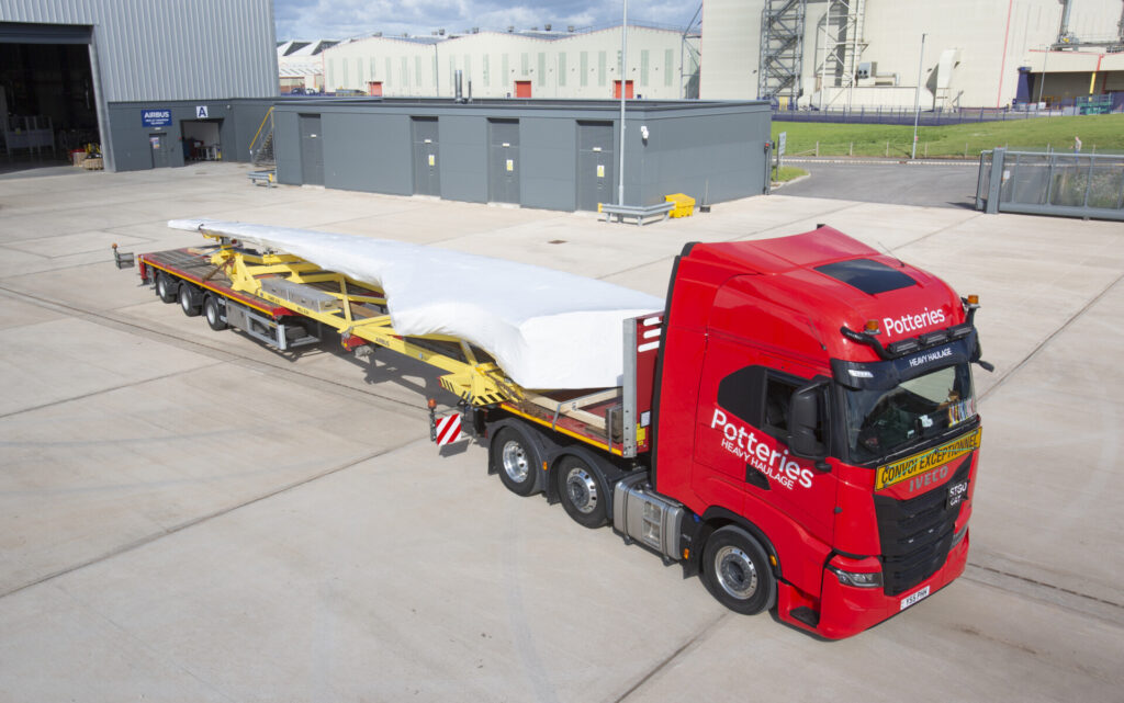 The Wing of Tomorrow static demo box leaving the AMRC Broughton, loaded onto a wing transporter to be shipped down to Filton, Bristol the same day.