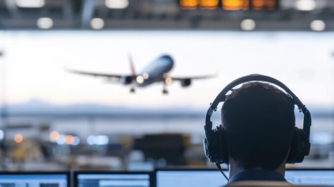Air traffic controller monitoring flight operations at airport. scene captures focus and responsibility of ensuring safe takeoffs and landings An Air traffic controller monitoring flight operations at airport. scene captures focus and responsibility of ensuring safe takeoffs and landings