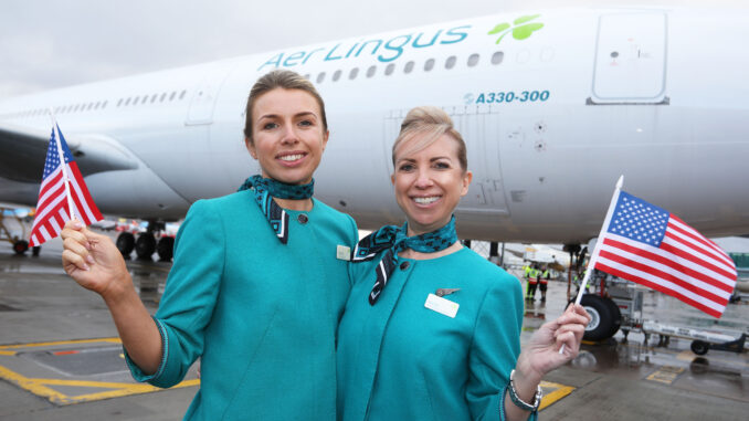Pictured are Cabin Crew Niamh Keegan and Nicola Carooza Aer Lingus’ inaugural flight from Manchester Airport direct to New York, JFK.