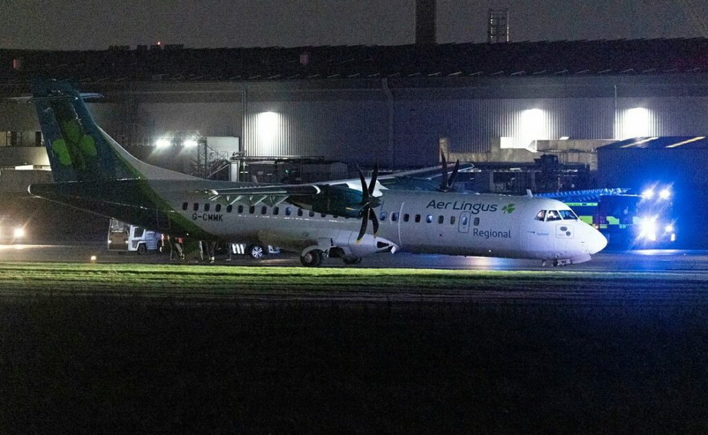 An image widely shared on social media shows the Emerald Airlines ATR72-600 with a collapsed nosewheel on the runway at Belfast City Airport