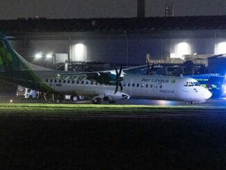 An image widely shared on social media shows the Emerald Airlines ATR72-600 with a collapsed nosewheel on the runway at Belfast City Airport