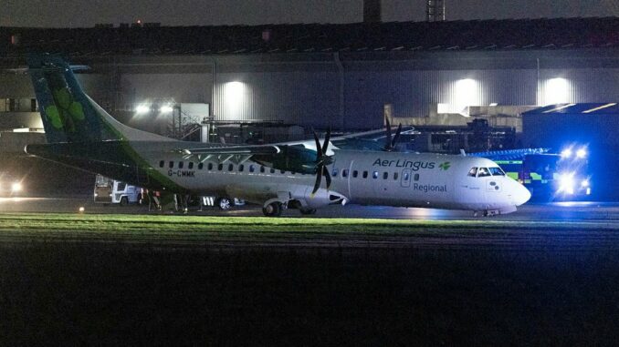 An image widely shared on social media shows the Emerald Airlines ATR72-600 with a collapsed nosewheel on the runway at Belfast City Airport