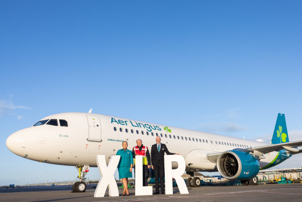 Going the distance: Aer Lingus welcomes new Airbus A321XLR Aircraft to its fleet. Picture shows from left Georgia-Jane McCann, senior cabin crew; Joe Whelan, aircraft engineer;  and James Harmon, senior cabin crew with the new Airbus A321XLR – the single-aisle extra-long-range aircraft flying up to 8,700km. The first two of six Airbus A321XLR aircraft arrived in Dublin to serve transatlantic routes and fly new routes to Nashville and Indianapolis in 2025. (Image:Naoise Culhane)