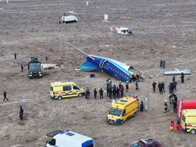 An image, widely shared on social media, shows emergecy crews at the wreckage of the Azerbaijan Airlines Embraer E190