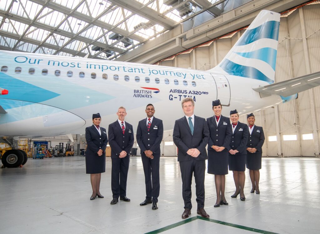 Sean Doyle stands in front of the BA Better World A320neo