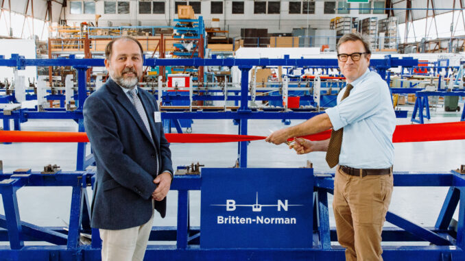 William Hynett CEO of Britten-Norman (L) and Bob Seely MP for Isle of Wight (R) open new production line.