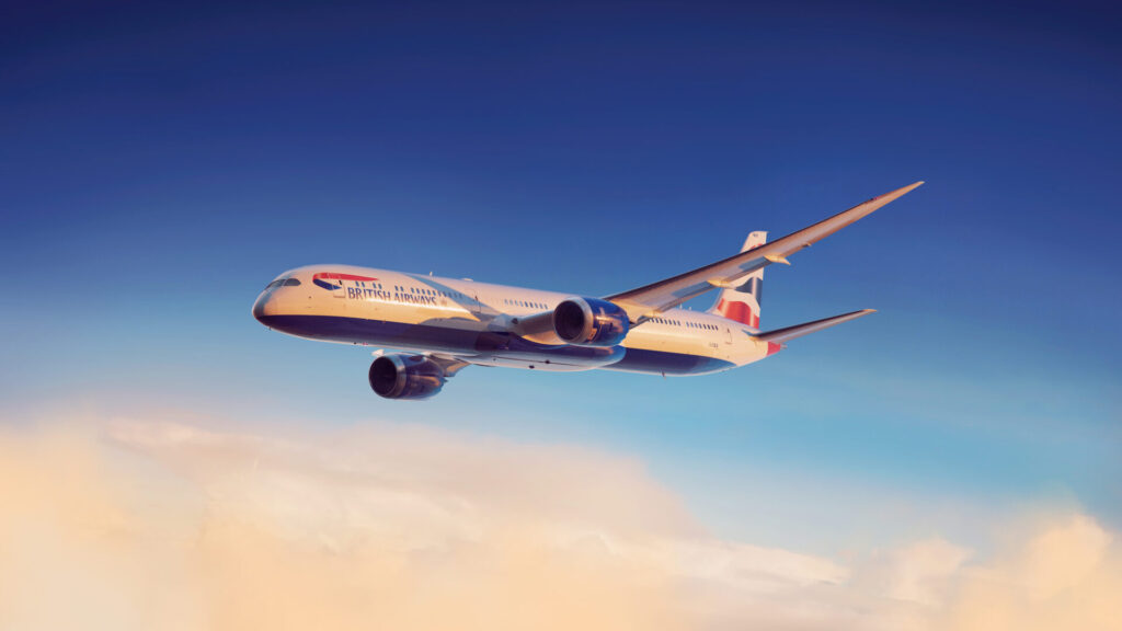 British Airways Boeing 787-10 flying above the clouds.