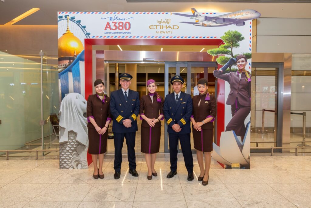 Crew prepare for first Etihad A380 to Singapore