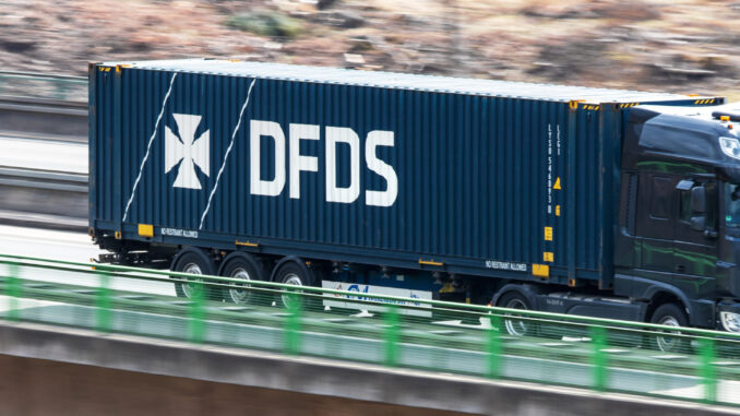 wilnsdorf, north rhine westphalia/germany - 17 03 2021: a dfds transport speeding on a german highway wilnsdorf, north rhine westphalia/germany - 17 03 2021: a dfds transport speeding on a german highway