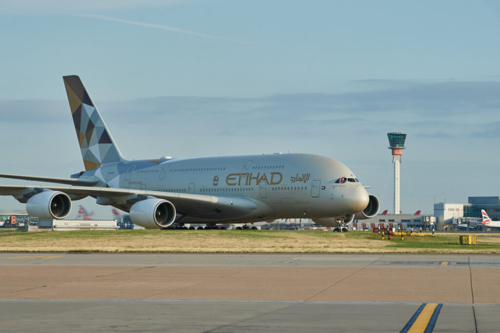 Etihad Airbus A380 at London Heathrow