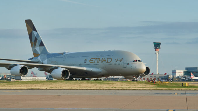 Etihad Airbus A380 at London Heathrow