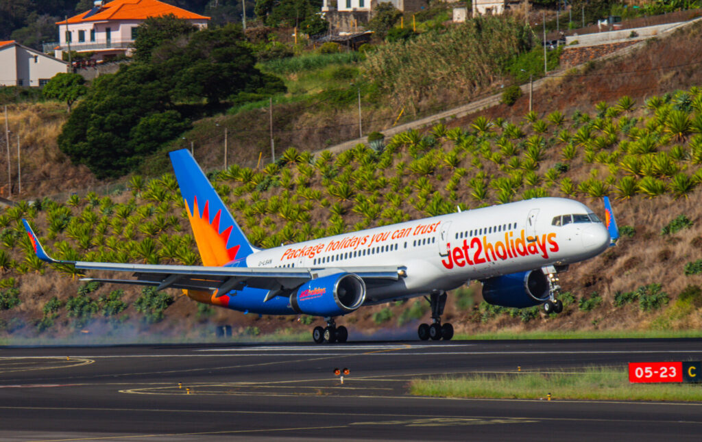 Jet2 Boeing 757 G-LSAN touches down at Funchal Airport, Madeira (Image: UK Aviation Media)