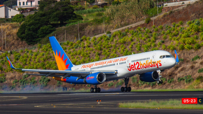 Jet2 Boeing 757 G-LSAN touches down at Funchal Airport, Madeira (Image: UK Aviation Media)