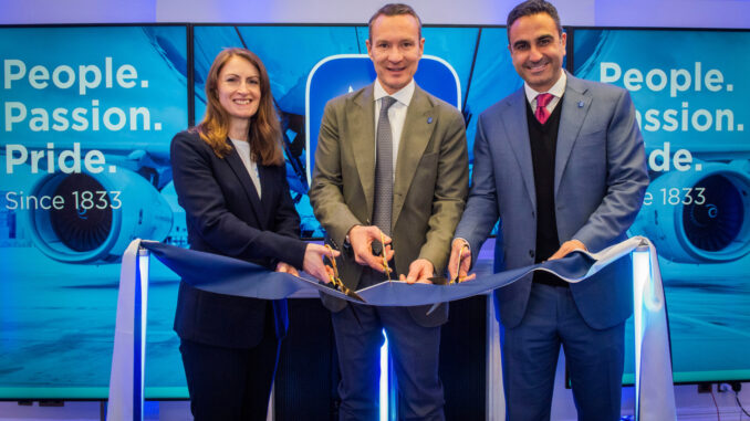 His Majesty's Ambassador to the State of Kuwait Belinda Lewis, Menzies Aviation CEO Philipp Joeinig and Menzies Aviation Chairman Hassan El-Houry open Menzies new London Headquarters (Image: Chris Watt Photography)