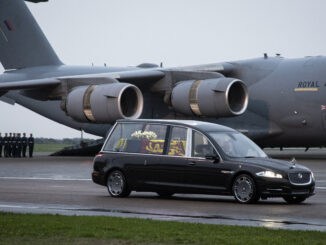 The hearse carrying the coffin of Her Majesty Queen Elizabeth II leaves RAF Northolt. (© Crown Copyright 2022)