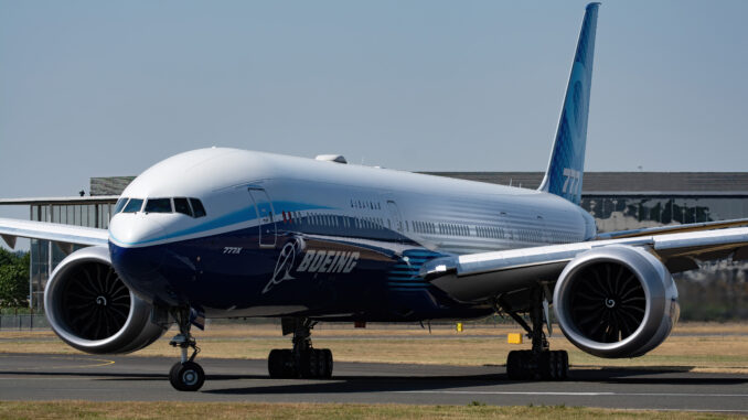 The Boeing 777-9 lines up on Runway 24 at Farnborough (Image: Max Thrust Digital)
