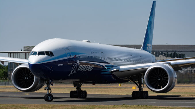 The Boeing 777-9 lines up on Runway 24 at Farnborough (Image: UK Aviation Media)