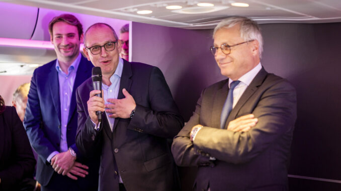 Virgin Atlantic announce the order of seven Airbus A330-900neos at the Farnborough Airshow 2024 which will complete $17 Billion fleet transformation into one of the youngest cleanest fleets across the Atlantic. Pictured Virgin Atlantic CEO Shai Weiss and Airbus CEO, Commercial Aircraft Christian Scherer.