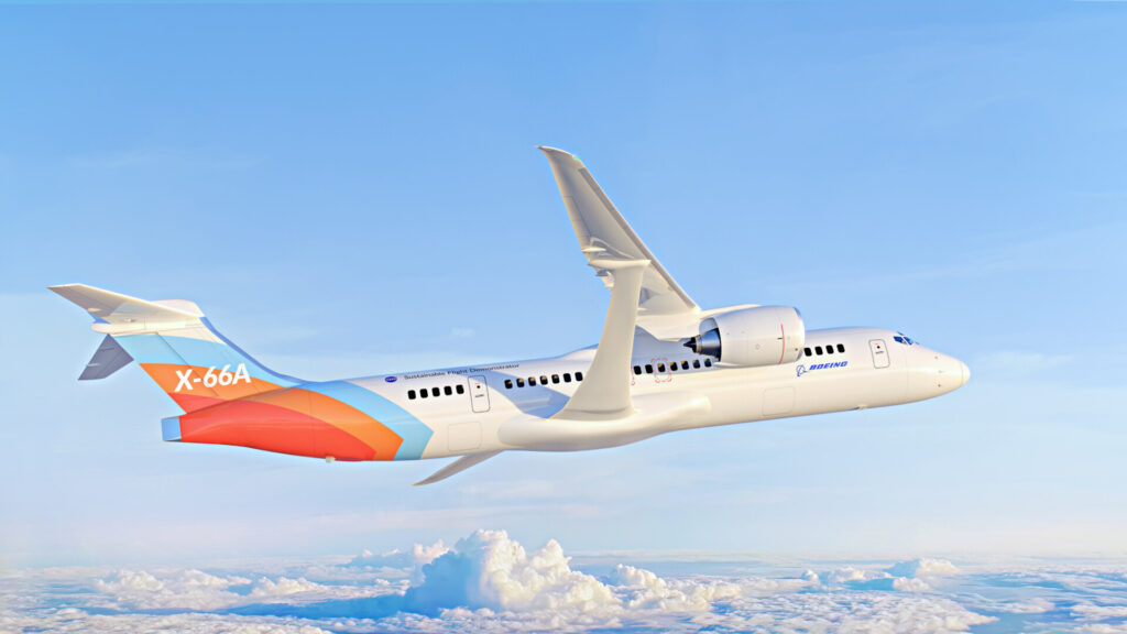 A rendering of the Transonic Truss-Braced Wing X-66A aircraft in NASA’s Sustainable Flight Demonstrator livery. (Boeing image) (PRNewsfoto/Boeing)
