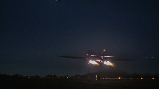 A B-1B Lancer assigned to the 9th Expeditionary Bomb Squadron, takes off from RAF Fairford, United Kingdom. (U.S. Air Force photo by Airman 1st Class Josiah Brown)