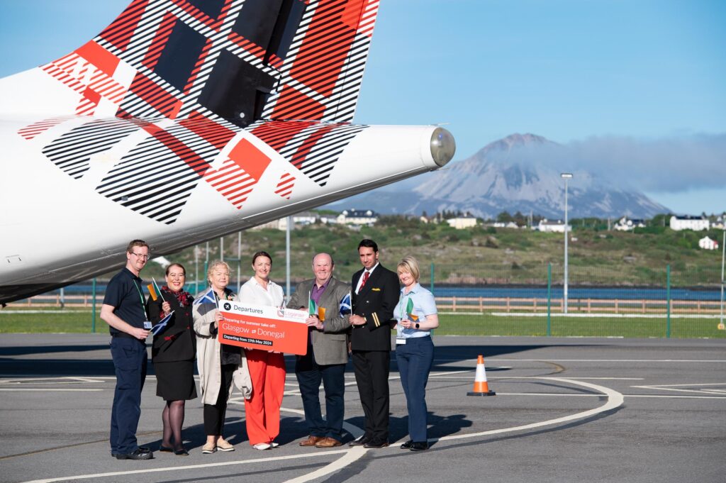 Launching the new Loganair Flight from Glasgow into Donegal Airport, Carrickfinn on Sunday evening. are from left Padraig Carroll, Ground Staff, Rosealeen Leitch, Flight Attendant, Pauline Sweeney, Communications Dojnegal Airport, Amy McClean, Communications Loganair, Gary Martin, Acting Chairman Donegal Airport, Ben McFarland, Pilot and Donna Mulholland, Ground Staff. Photo Clive Wasson