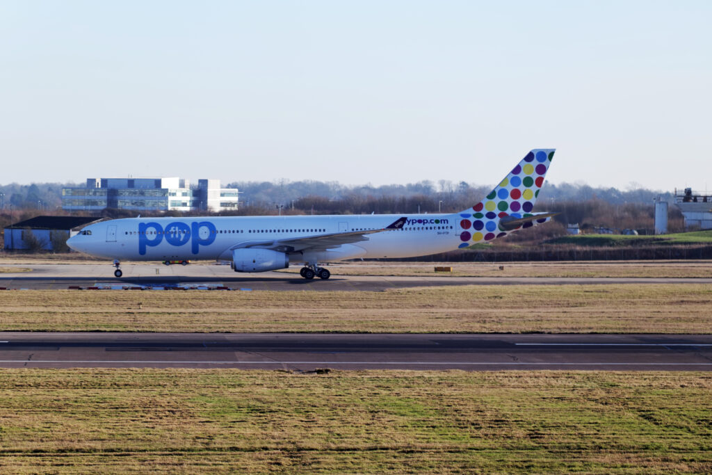 flypop Airbus A330 arrives at London Stansted