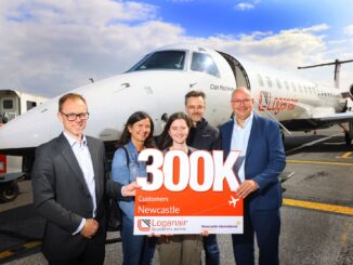 pictured (l-r) Nick Jones (CEO at Newcastle Airport), Goro, Emma and Stephen Pattie & Luke Farajallah (CEO at Loganair)